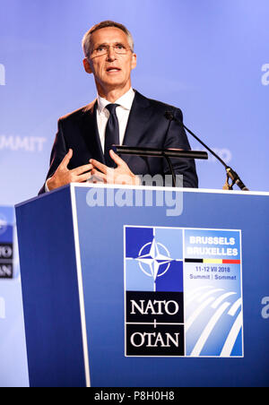 Brussels, Belgium. 11th July, 2018. NATO Secretary General, Jens Stoltenberg gives a press conference during 2018 summit in NATO’s headquarters. Credit: Michal Busko/Alamy Live News Stock Photo