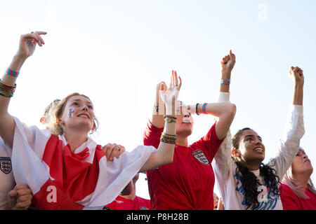 London, UK. 11th July, 2018. 30,000 England fans attend the public screening of the FIFA 2018 World Cup semi-final between England and Croatia in Hyde Park, the largest such screening of a football match since 1996. The event was organised by the Mayor of London and Government in conjunction with the Royal Parks, the Football Association and other agencies. The match provides England with the chance to reach their first World Cup final since 1966, the only occasion they have won the tournament. Credit: Mark Kerrison/Alamy Live News Stock Photo