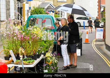 Axminster, Devon, UK.  12th July 2018. UK Weather.  Shoppers in the town of Axminster in Devon with umbrellas up as a light shower passes over on a warm overcast morning.  Picture Credit: Graham Hunt/Alamy Live News Stock Photo