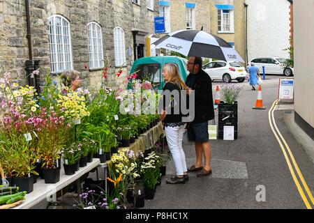 Axminster, Devon, UK.  12th July 2018. UK Weather.  Shoppers in the town of Axminster in Devon with umbrellas up as a light shower passes over on a warm overcast morning.  Picture Credit: Graham Hunt/Alamy Live News Stock Photo