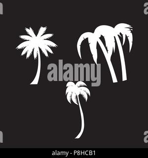 Vector white silhouette illustration of palm trees icon set isolated on black background. Stock Vector