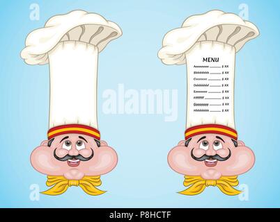 Spanish chef and menu on hat with food of Spain. All the objects are in different layers and the menu text types do not need any font. Stock Vector