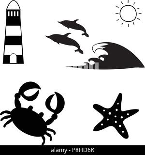 Vector black and white silhouette illustration of summer travel sea icon set isolated on white background. Lighthouse, dolphins, sun, crab, starfish.  Stock Vector