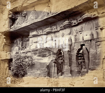 7th to 15th century Jain tirthankaras in Gwalior fort, Siddhachal caves Gopachal, 1882 photo. Stock Photo