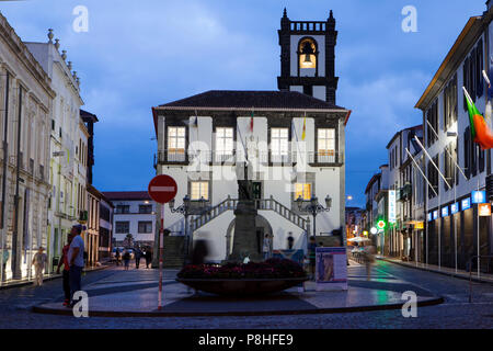 PONTA DELGADA, PORTUGAL - JUNE 28th, 2018:Statue of Saint Michael the Archangel in front of town hall building in Ponta Delgada, on Sao Miguel Island. Stock Photo