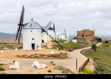 View of windmills of Consuegra and the Castille do la Muela Stock Photo