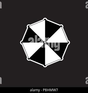 Vector black and white silhouette illustration of beach striped umbrella top view icon isolated on black background. Stock Vector