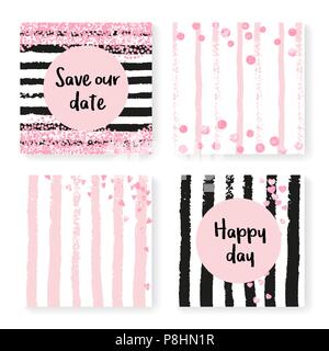 Wedding glitter confetti on stripes, invitation set Stock Vector