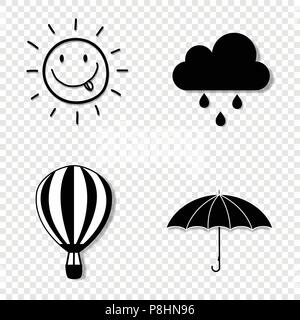 Vector black and white silhouette illustration of seasons weather icon set collection isolated on transparent background. Smiling sun, rainy cloud, um Stock Vector