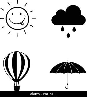 Vector black and white silhouette illustration of seasons weather icon set collection isolated on white background. Smiling hand drawn sun, rainy clou Stock Vector