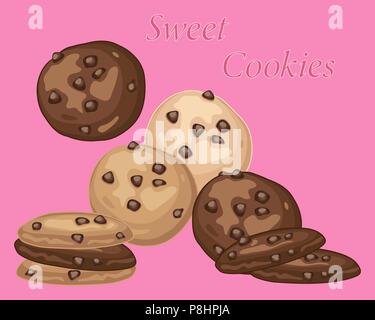 an illustration of classic chocolate chip cookies on a sweet pink background in an advert format Stock Vector