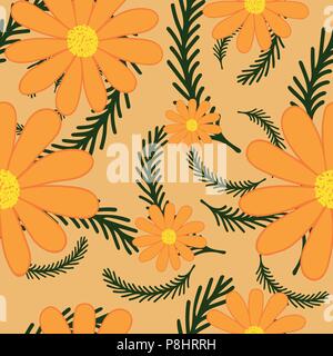 Bright summer background with camomiles flowers. Floral seamless pattern. Vector illustration. Stock Vector