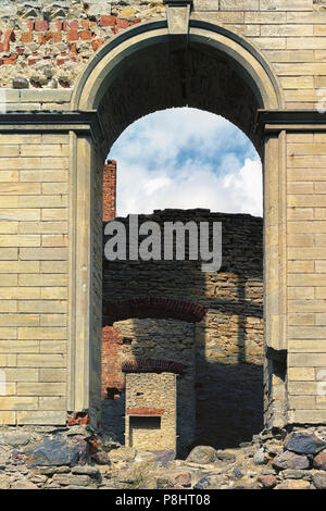 Cascade of openings of windows in the ruined ancient castle in Estonia Stock Photo