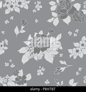 Seamless monochromatic gray scale luxury pattern - roses in blossom on gray background. Vector illustration. Stock Vector
