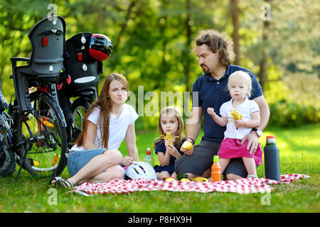 Happy family of four picnicking in the park Stock Photo - Alamy