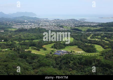 View of the valley from Nu'Uanu Pali Lookout. Koolau Golf Club in the foreground. Oahu Island, Hawaii, USA. Stock Photo