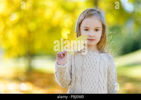 Adorable little girl holding yellow maple leaf on beautiful autumn day Stock Photo