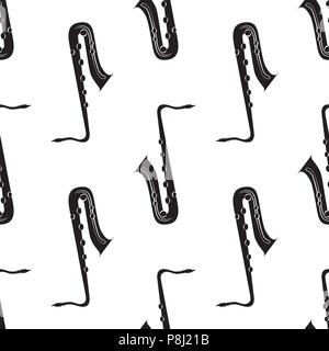 Jazz concept. Saxophone. Seamless pattern. Black elements. White background Rotate 180 degrees Stock Vector