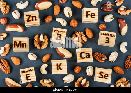 Microelements and vitamins in different types of nuts. Healthy food concept Stock Photo