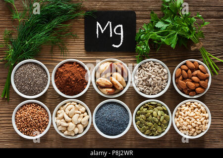 Foods rich in magnesium as pumpkin seeds, blue poppy seed, cashew nuts, almonds, sunflower seeds, buckwheat, cocoa, chia, pine nuts, brazil nuts, pars Stock Photo