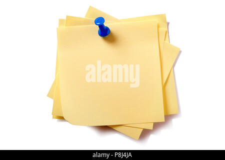 Yellow sticky post notes with pushpin pin isolated on white background Stock Photo