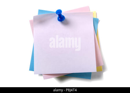 Untidy pile various colors sticky post notes with pushpin isolated on white Stock Photo