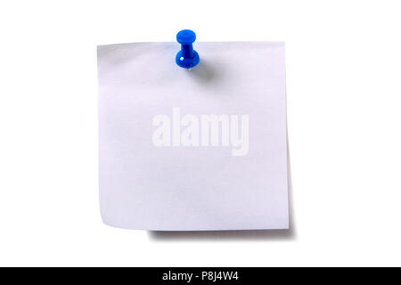 Plain white sticky post note with blue pushpin isolated Stock Photo