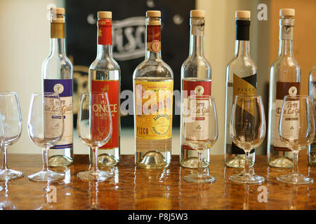 Bottels of Pisco at Piscobar, Lima, Peru Stock Photo
