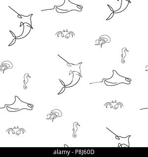 Marine inhabitan pattern seamless. Swordfish, crab, hippocampus, jellyfish, devilfish, ray, stingray. Vector illustration. Isolated white background. Stock Vector