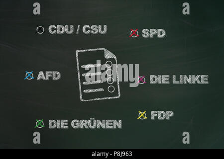German parties written with chalk on chalkboard and painted ballot as request to vote in Germany Stock Photo