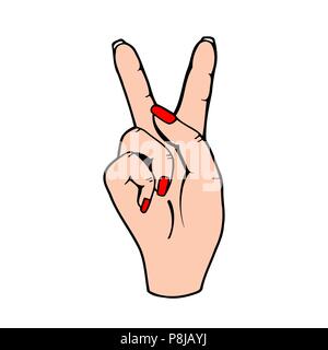 Vector illustration of fashion fun patch sticker with girls two fingers and palm as peace gesture in cartoon comic style. Female hand Stock Vector