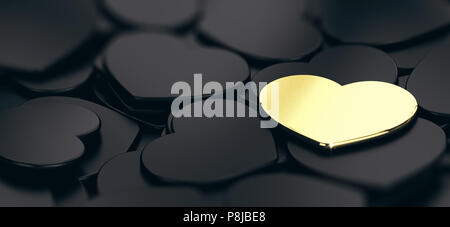 Close up on black and golden heart shapes, black background, modern design. Concept of Love. 3D illustration Stock Photo
