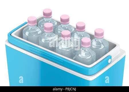 Handheld refrigerator with bottles of water Stock Photo