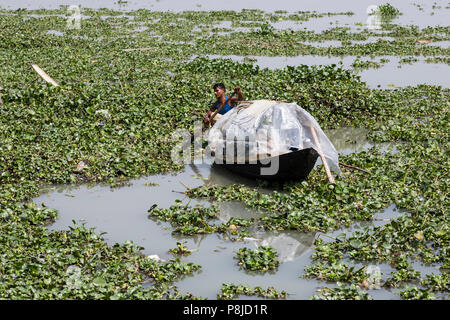 Khulna, Bangladesh, February 28 2017: Man rowing with a small wooden boat on a river full of aquatic plants near Khulna Stock Photo