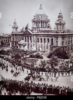 The opening of the first Parliament of Northern Ireland at City Hall, Belfast on June 22, 1921 by King George following Northern Ireland's general election  held on 24 May 1921. It was the first election to the Parliament of Northern Ireland. Ulster Unionist Party members won a two-thirds majority of votes cast and more than three-quarter of the seats in the assembly. The election took place during the Irish War of Independence, on the same day as the election to the parliament of Southern Ireland. Stock Photo