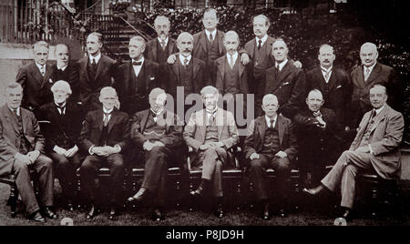 The first Labour government that took office in January 1924. The first MacDonald ministry of the United Kingdom lasted until November 1924.  Ramsey MacDonald had become Labour's first proper leader in 1922. As well as being Prime Minister, he became his own Foreign Secretary, a dual role which he performed well enough, but which alienated the second man in the party, Arthur Henderson, who became Home Secretary. Philip Snowden, the evangelical ex-member of the Independent Labour Party (ILP) became a rigidly orthodox Chancellor of the Exchequer. Stock Photo
