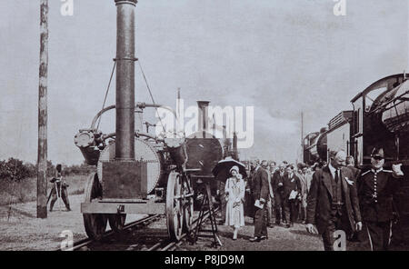 In July 1925 railway centenary celebrations were held at Darlington in County Durham, England. Guests included the Duke and Duchess of York (later King George VI). The whole history of rail travel was displayed over six miles of track. Stock Photo