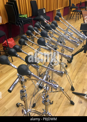 Hornophone, collection of car horns laid out like a piano keyboard. Stock Photo