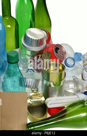 for recycling with, glass bottles, cans, plastic bottle and bulb Stock Photo