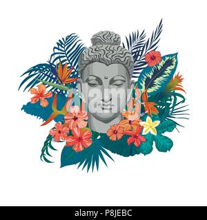 Vector illustration with Buddha head, flowers, leaves Stock Vector