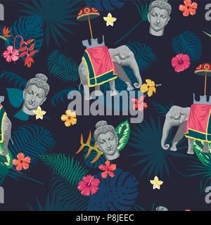 Seamless exotic style vector pattern with Buddha head, elephant, flowers, leaves, feathers. Stock Vector