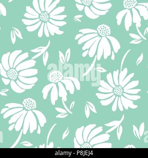 Bold graphic large scale floral vector seamless pattern. Simplistic oversized hand drawn white blooms on mint background. Retro stylized flowers Stock Vector