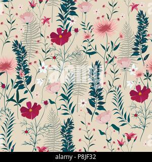 Seamless vector pattern with wild flowers, leaves, Stock Vector