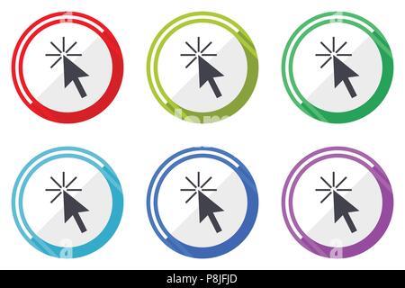 Click here vector icons, set of colorful flat design internet symbols on white background Stock Vector