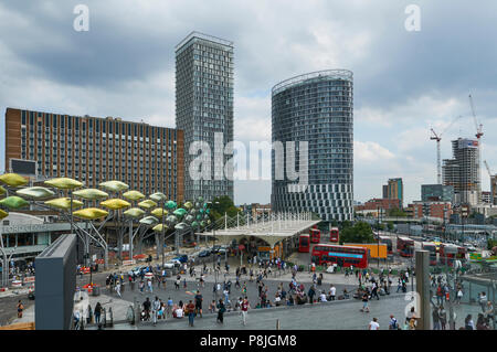 New buildings at Stratford Shopping Centre, East London UK, viewed from the entrance to the new Westfield shopping centre Stock Photo