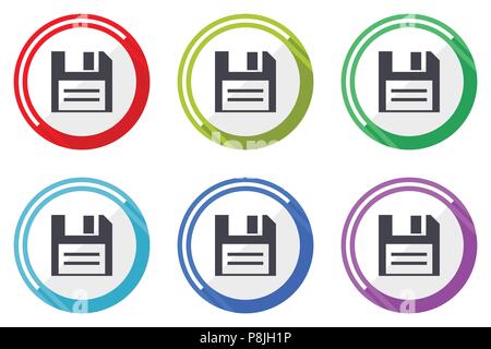 Disk vector icons, set of colorful flat design internet symbols on white background Stock Vector