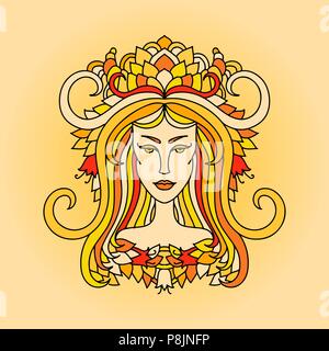 Aries girl portrait. Zodiac sign of fire. Simple orange vector illustration. Stock Vector