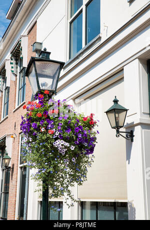 street with hanging basket full of flowers like geranium and petunias with old lights at the houses Stock Photo