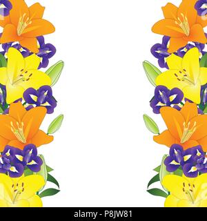 Yellow, Orange Lily and Blue Iris Flower Border on White Background. Vector Illustration. Stock Vector