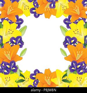 Yellow, Orange Lily and Blue Iris Flower Border on White Background. Vector Illustration. Stock Vector